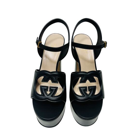 Gucci Cutout Interlocking G 39.5/ US 9.5 Leather Platform Sandals Black NIB - Picture 8 of 15